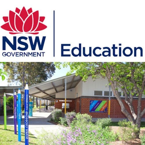 NSW education logo and the outside of a school with trees