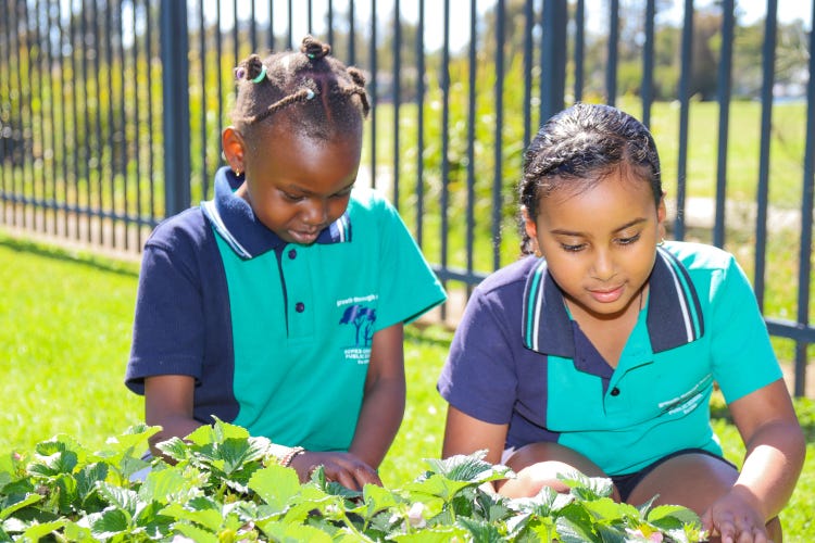 2 girls in a garden looking at the plants